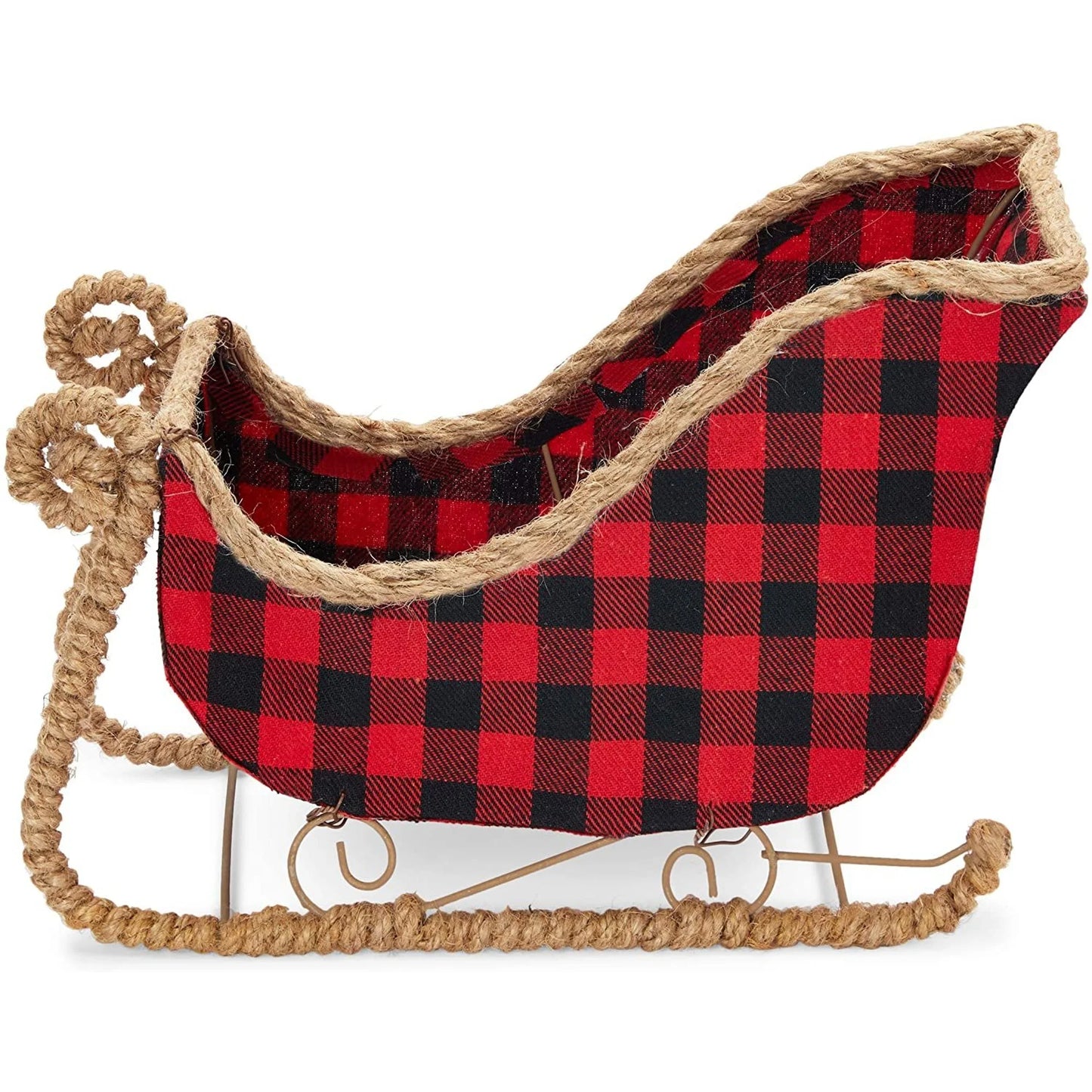 Small Santa Claus Christmas Sleigh Decoration, Red Buffalo Plaid Table Centerpiece for Holiday Decor (11 X 5 X 7.8 In)