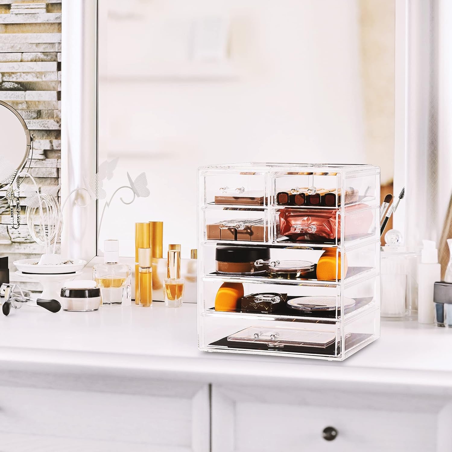 Acrylic Makeup Organizer - Organization and Storage Case for Cosmetics Make up & Jewelry - Big Clear Makeup Organizer for Vanity, Bathroom, College Dorm, Closet, Desk (3 Large, 4 Small Drawers)