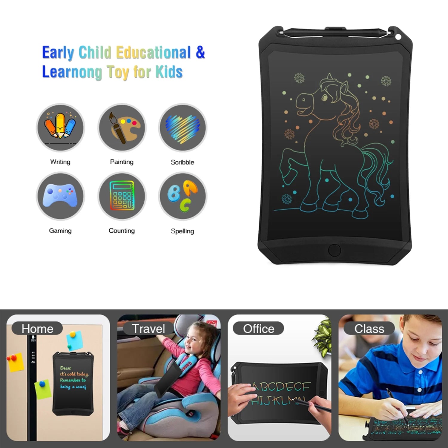 LCD Writing Tablet, 8.5 Inch Reusable Drawing Pad for Kids, Colourful Screen Drawing Tablet Doodle Board W/ Stylus Pen, Toy for 3 4 5 6 7 8 Years Old Kids, Gifts for Kids and Adults, Black