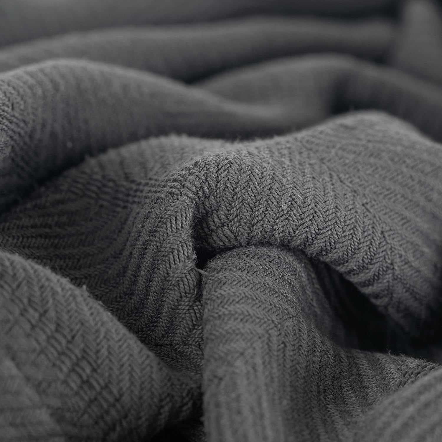 Cotton Throw Blanket, 60 X 50 Inch, Dark Gray Herringbone Weave, Soft Lightweight Woven Blanket for Couch, Boho Farmhouse Style