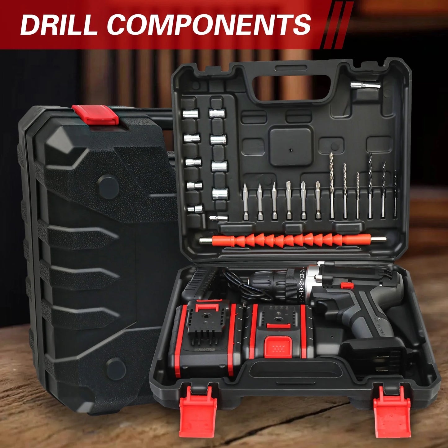 21V Power Drill with 2 Batteries and Charger, Multi-Functional Electric Cordless Drill Set Kit, Portable and Variable Speed, Black