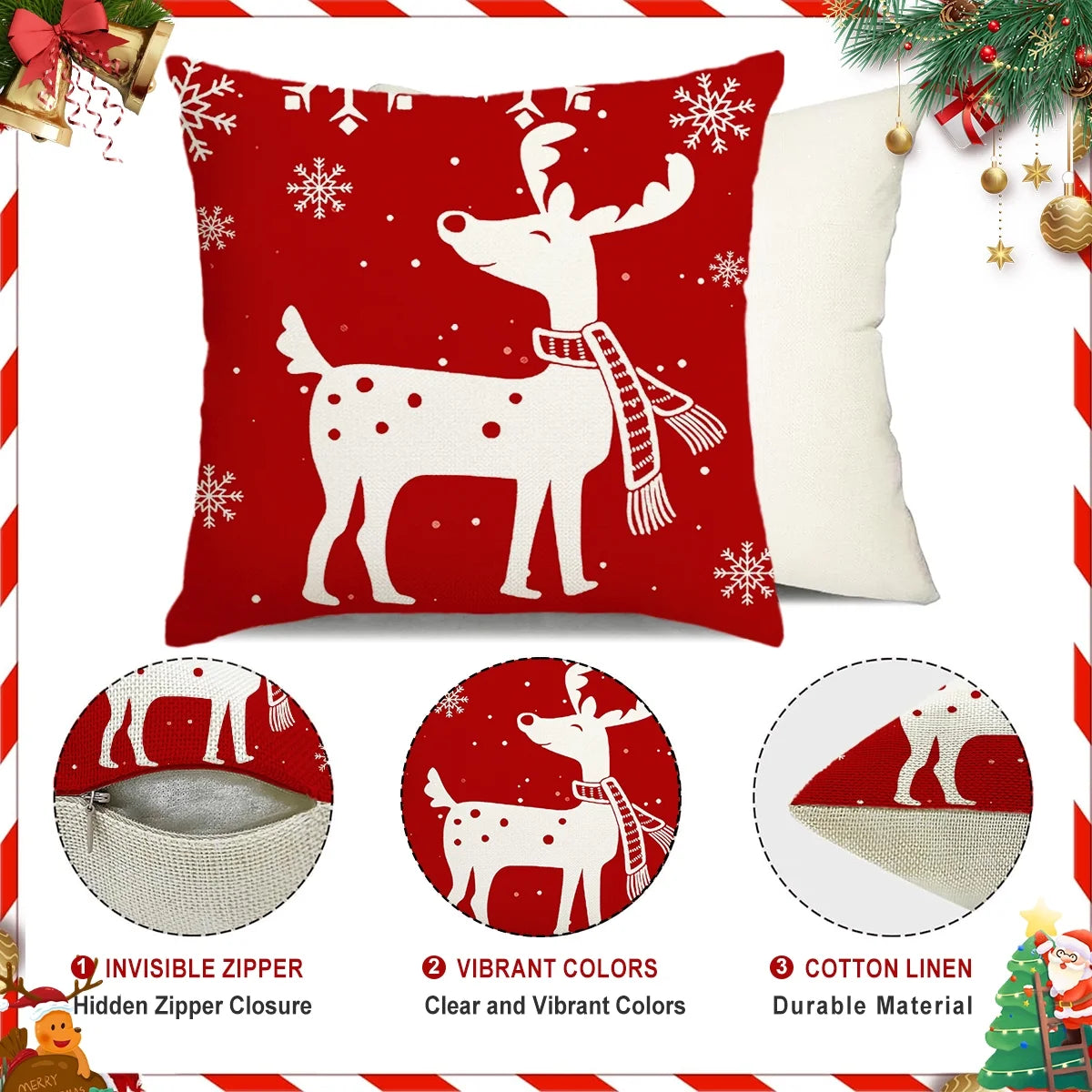 Christmas Throw Pillow Covers 18''X18'' Set of 4 Decorative Holiday Pillows Cover Cases Farmhouse Decor for Xmas Decoration Home Couch Sofa, Red