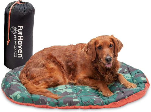 Outdoor Travel Dog Bed for Large/Medium Dogs W/ Carry Bag, Washable & Foldable, Great for Crates & Kennels - Trail Pup Travel Pillow Mat W/ Stuff Sack Bag - Paprika/Camo-Paw, Large