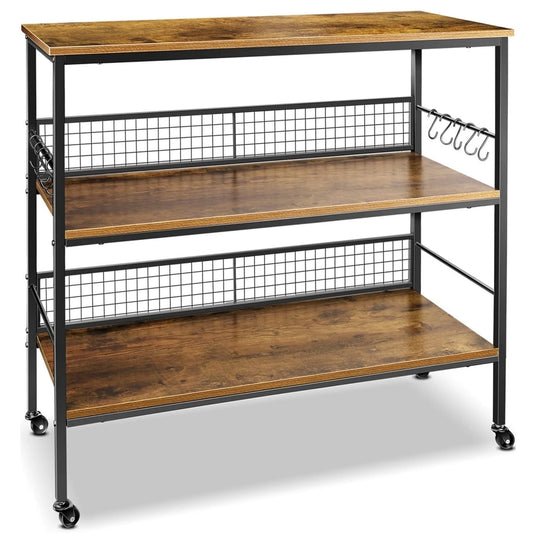 3-Tier Rolling Cart Microwave Stand with 10 Hooks, Coffee Bar Kitchen Storage Rack Organizer, Rustic Brown