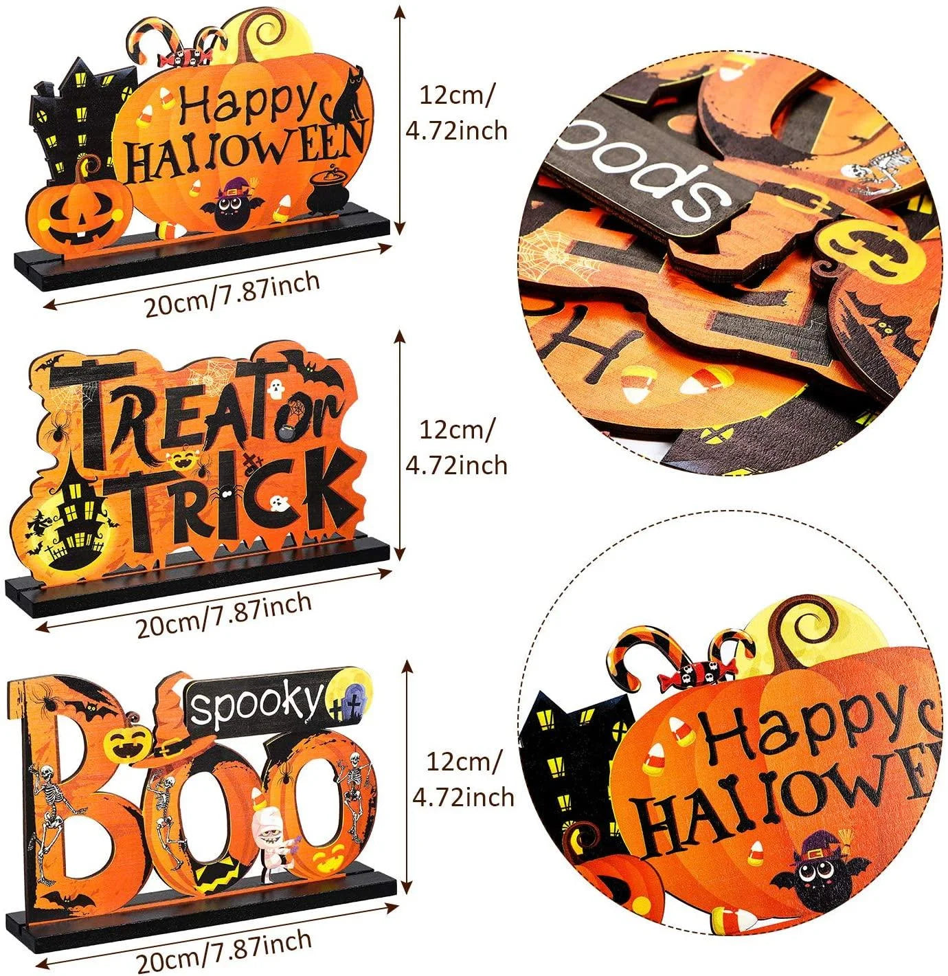 3Pcs Happy Halloween Table Decorations,Orange Pumpkin Table Centerpieces Boo Sign Wood Candy Day for Halloween Party Dinner Coffee Table Topper Tier Tray Room Decor,7.87'' X 4.72''