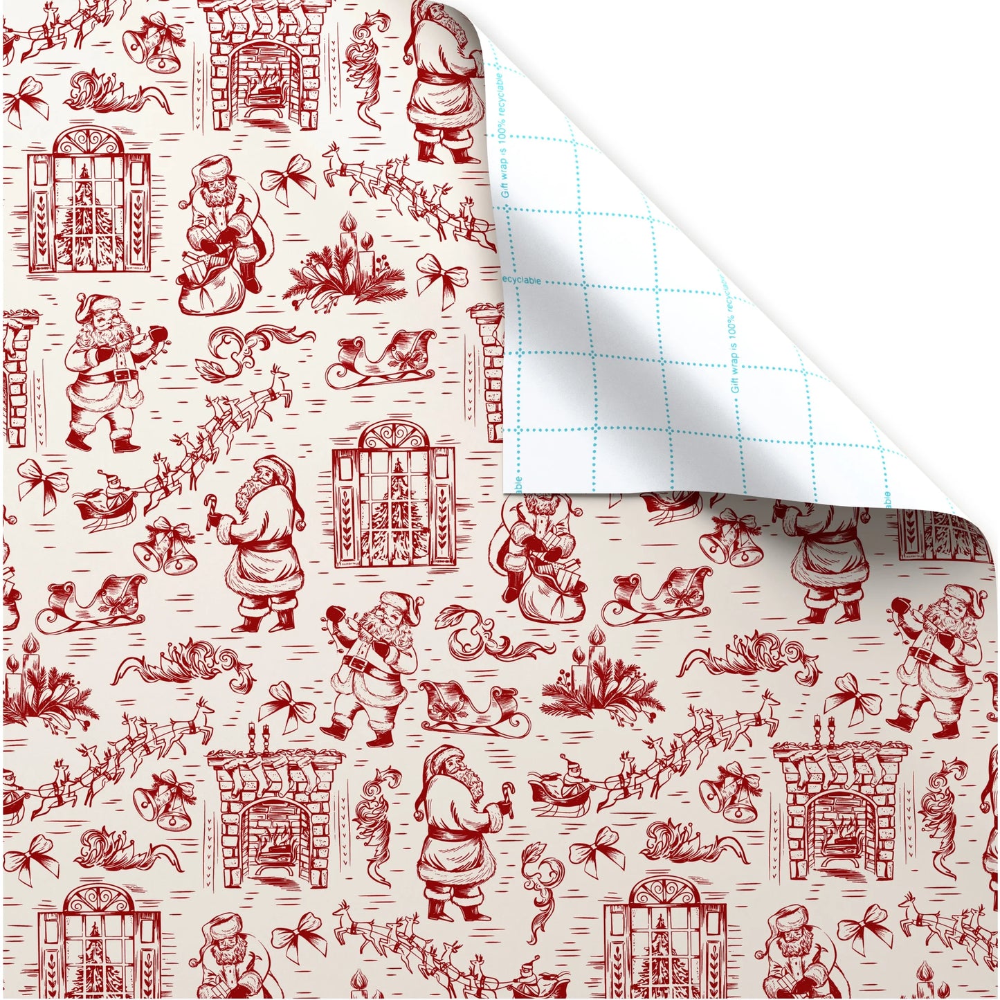 Red and Ivory Vintage Toile Art Christmas Wrapping Paper, 160 Sq Ft, by