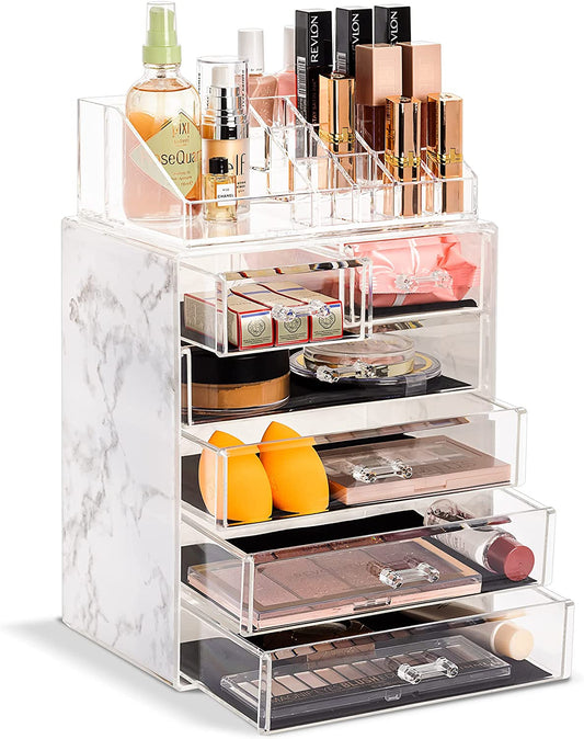 Clear Cosmetic Makeup Organizer - Make up & Jewelry Storage, Case & Display - Spacious Design - Great Holder for Dresser, Bathroom, Vanity & Countertop (4 Large, 2 Small Drawers - Marble Print)