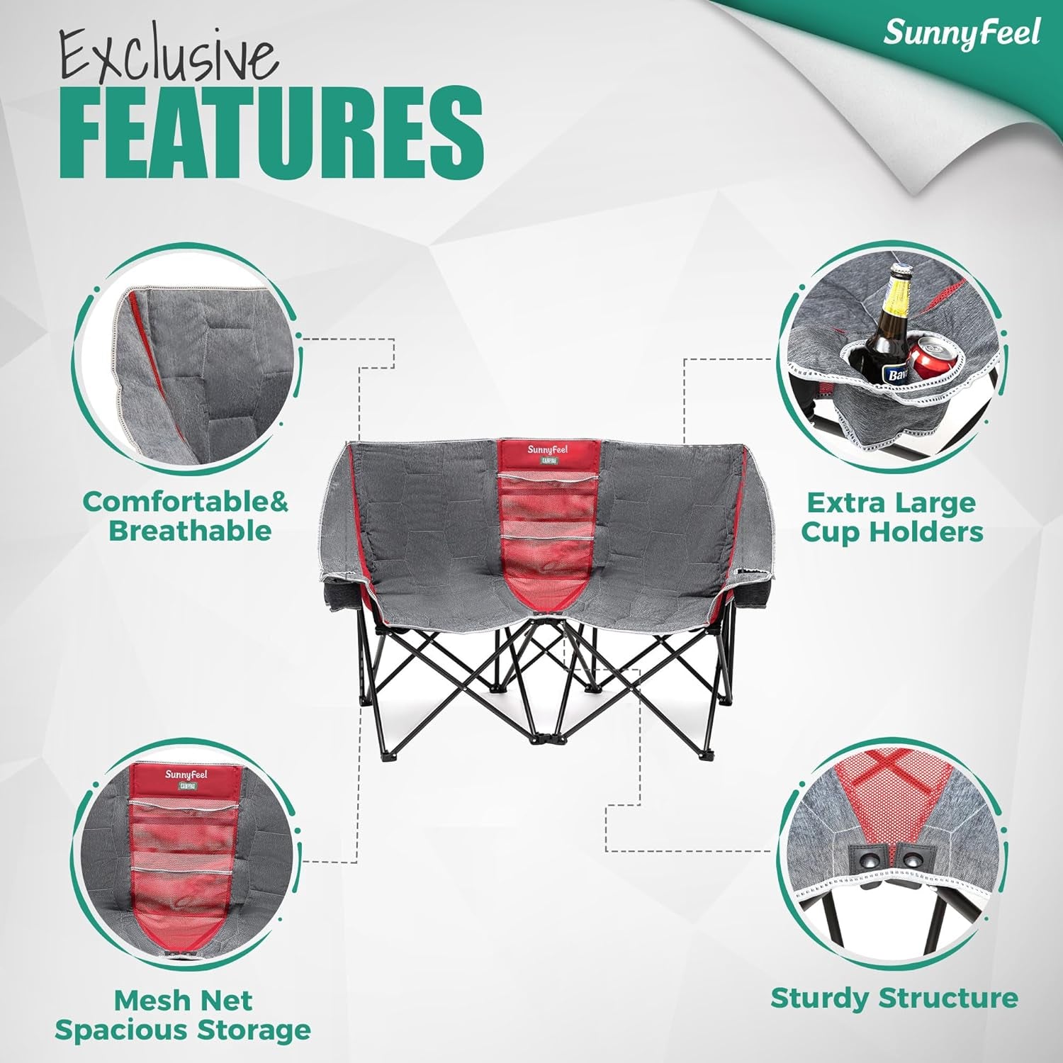 Folding Double Camping Chair, Oversized Loveseat Chair, Heavy Duty Portable/Foldable Lawn Chair with Storage for Outside/Outdoor/Travel/Picnic, Fold up Camp Chairs for Adults 2 People