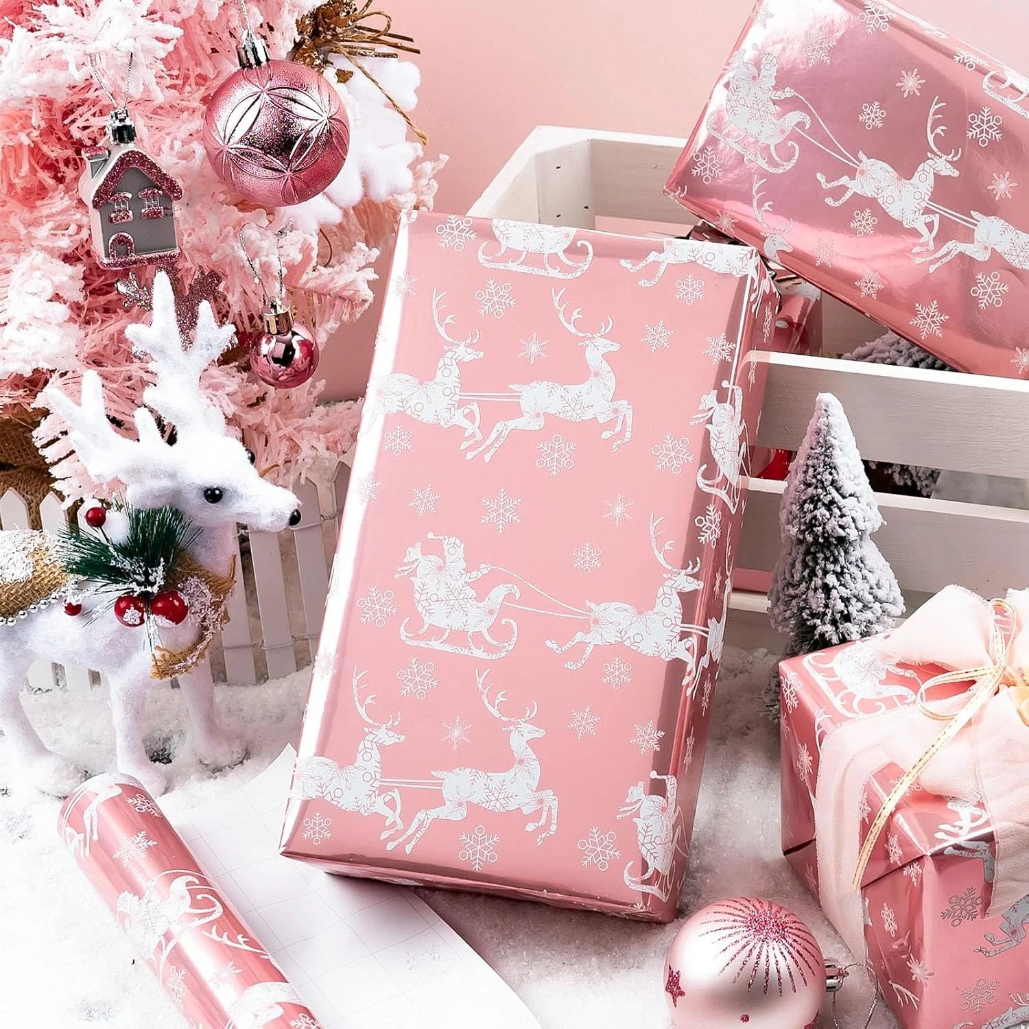 Christmas Wrapping Paper Roll - Pink Gift Wrap with Christmas Sleigh Amd Snowflake - Perfect for Christmas - 17 Inch X 33 Feet
