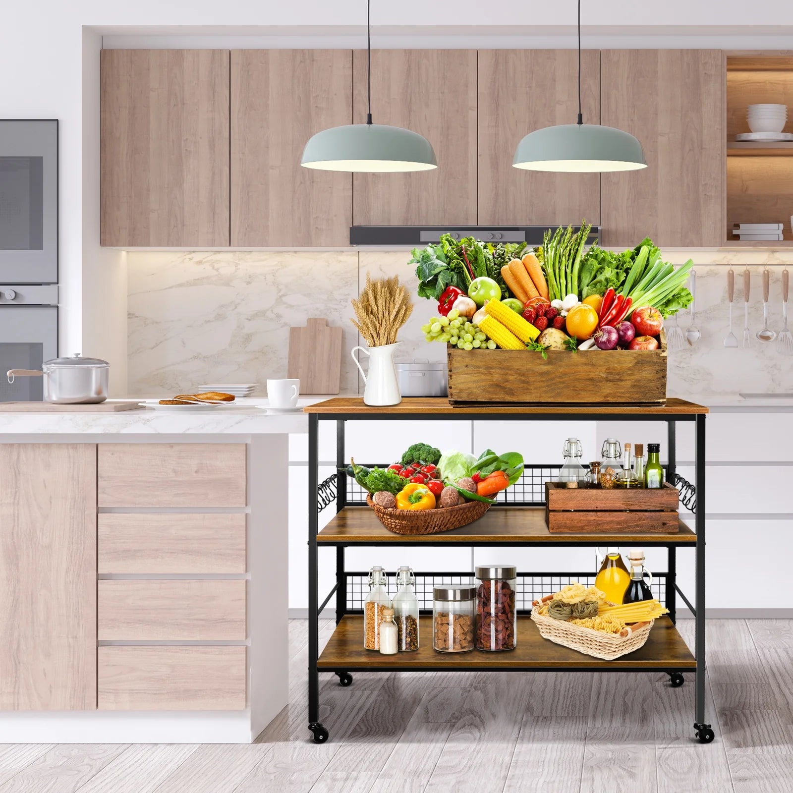 3-Tier Rolling Cart Microwave Stand with 10 Hooks, Coffee Bar Kitchen Storage Rack Organizer, Rustic Brown