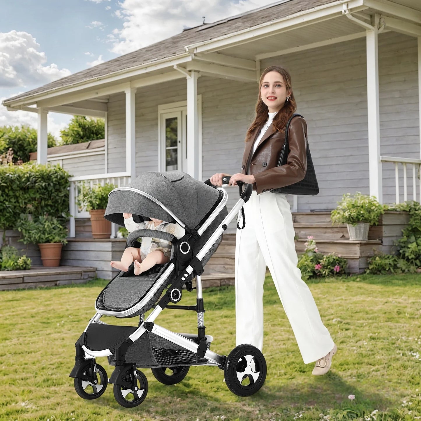 3-In-1 Convertible Baby Stroller with Big Seat and Adjustable Canopy, 24 Pound, Dark Grey