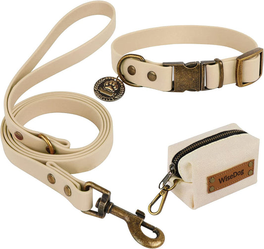 Dog Collar and Leash Set Combo, Waterproof Ajustable Pet Collars with Cute Tags 6FT Dog Leash with Poop Bag for Small Medium Large Dogs (M, Sand Color)