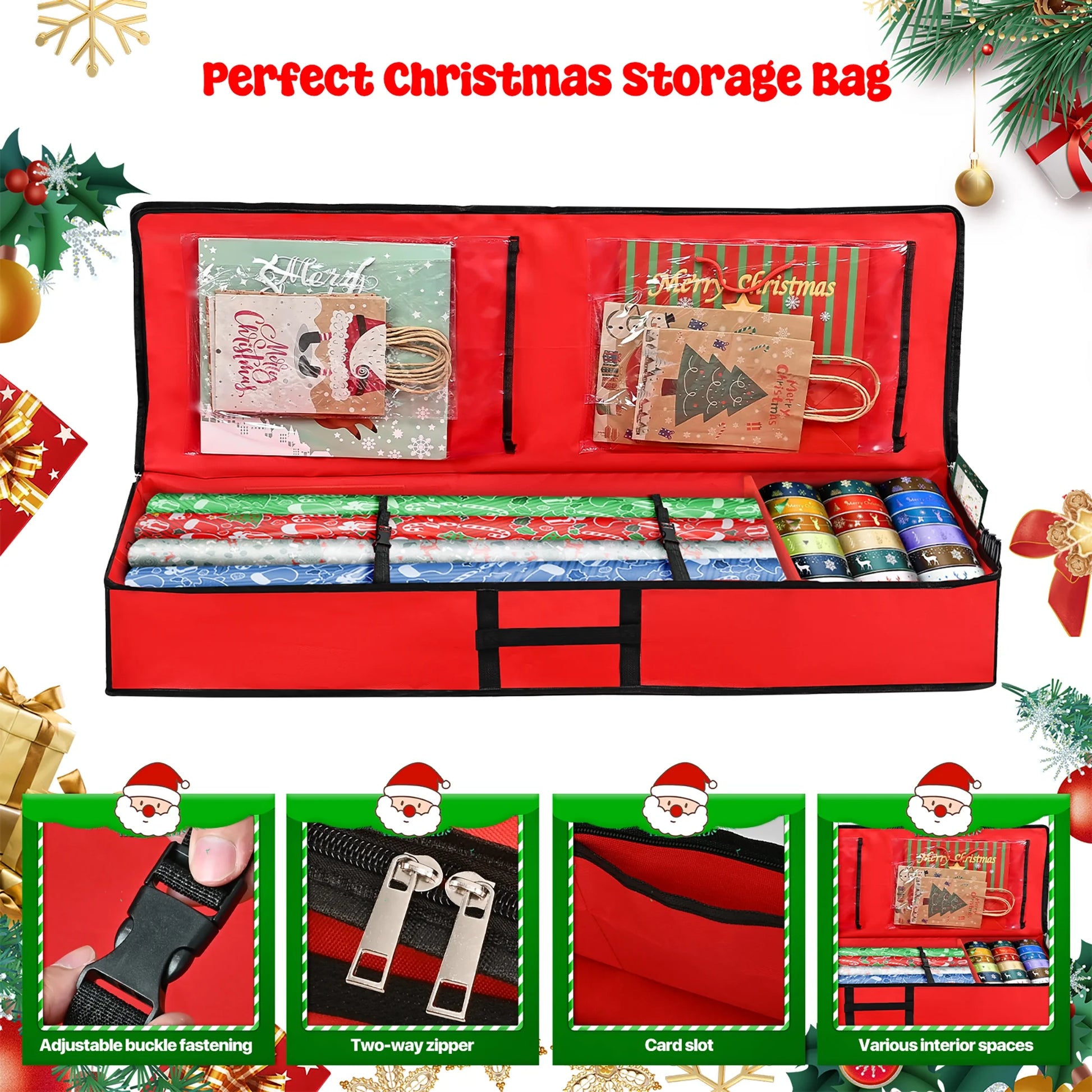 Christmas Wrapping Paper Storage Organizer, Gift Wrapping Storage 40" 600D Oxford Fabric with Flexible Partitions and Pockets, Ornaments Holiday Accessories Red