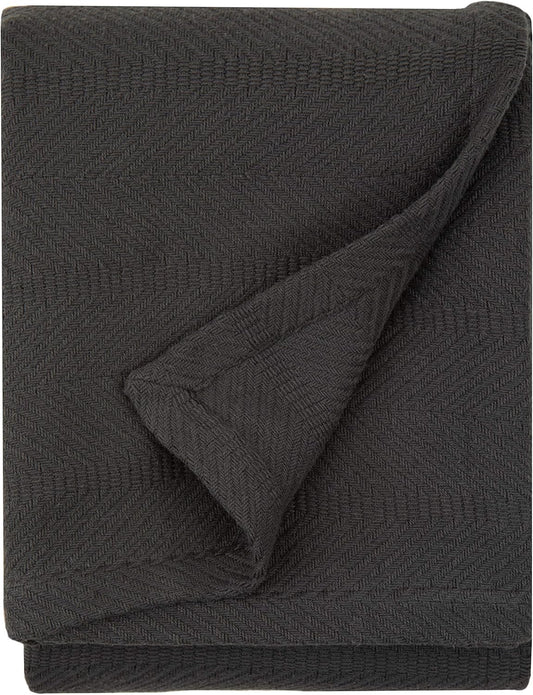 Cotton Throw Blanket, 60 X 50 Inch, Dark Gray Herringbone Weave, Soft Lightweight Woven Blanket for Couch, Boho Farmhouse Style
